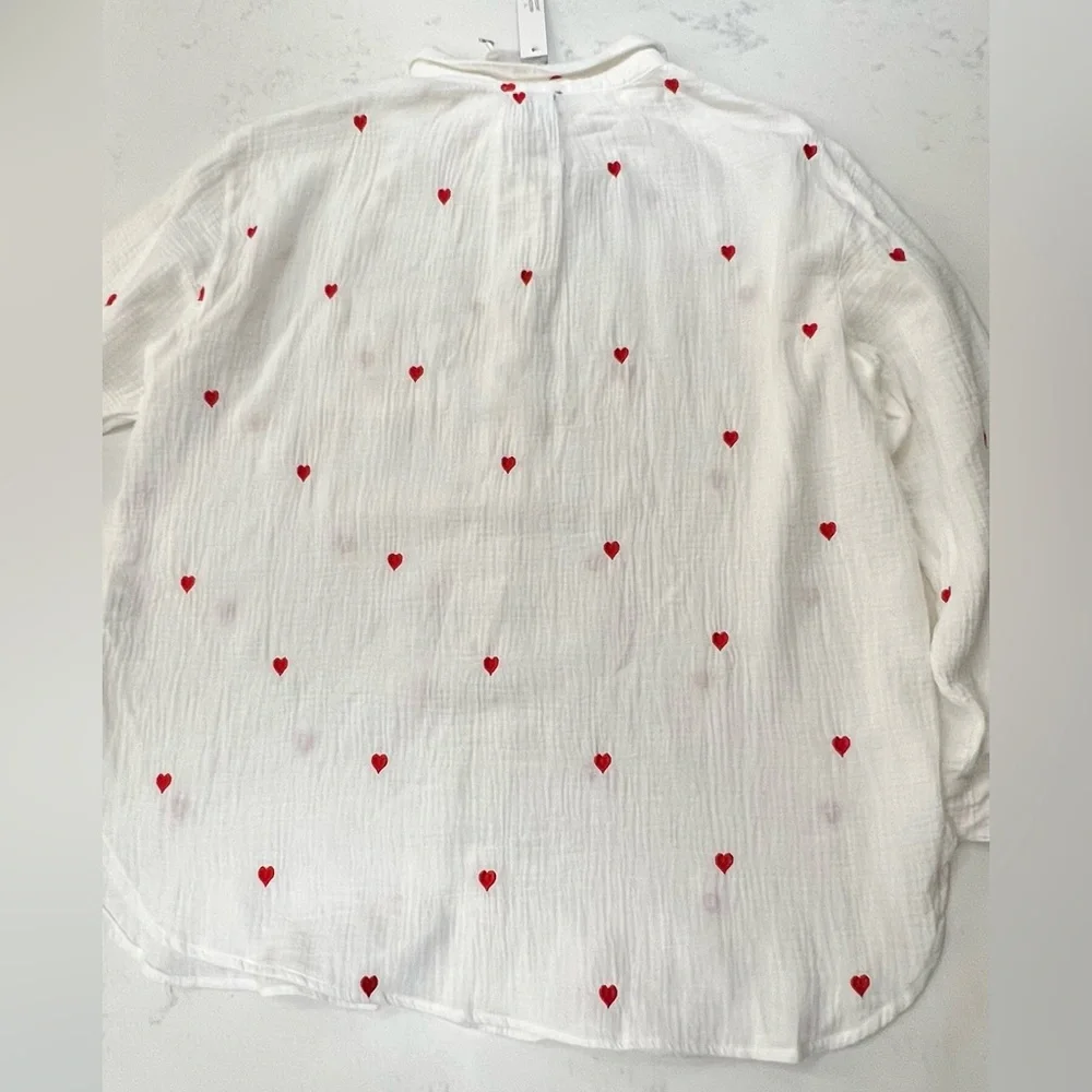 White Button-Up Shirt with Red Heart Accents - Picture 8 of 12